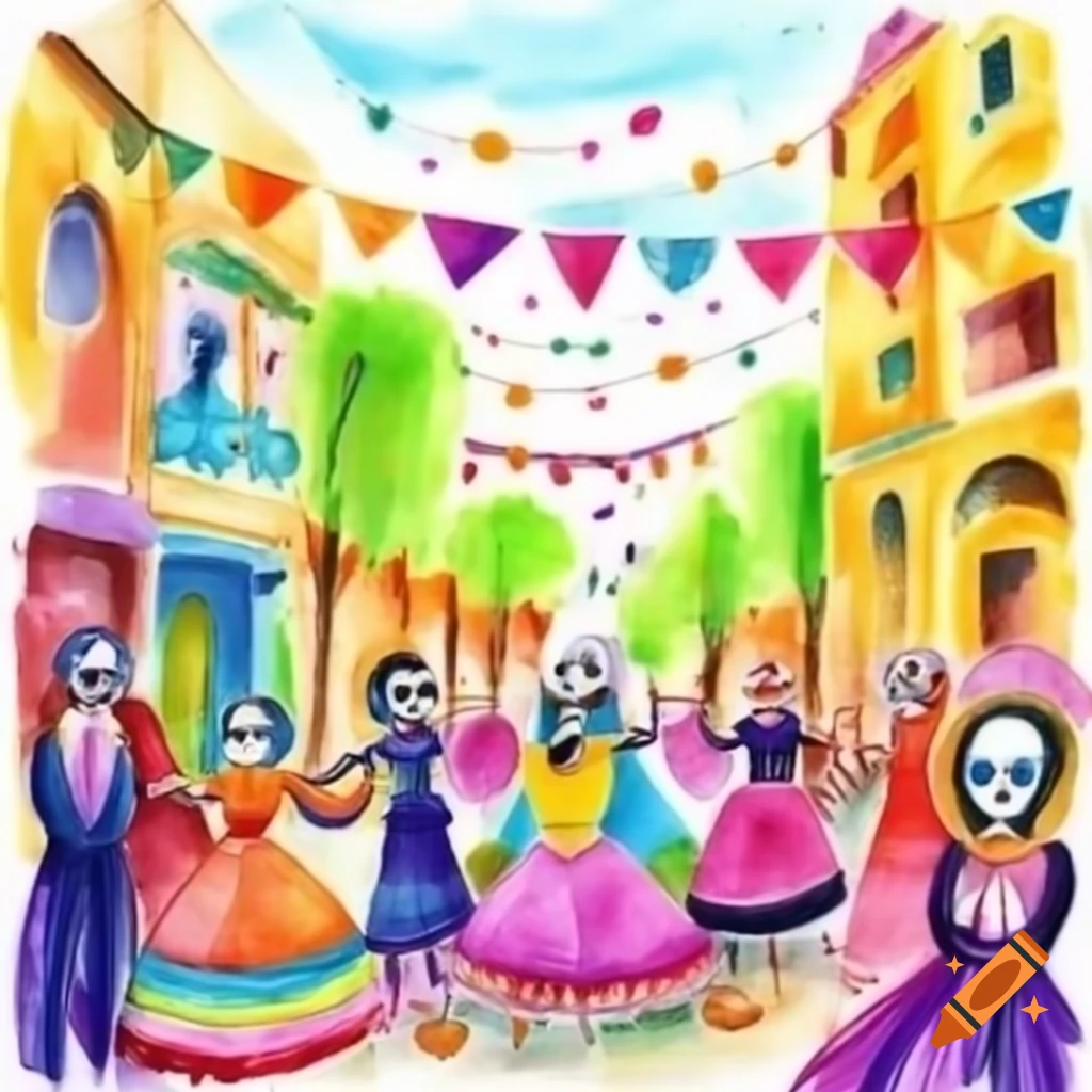 Vibrant watercolor painting of Dia de los Muertos festival