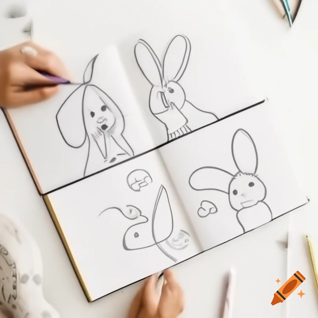 Coloring book drawing featuring bunnies