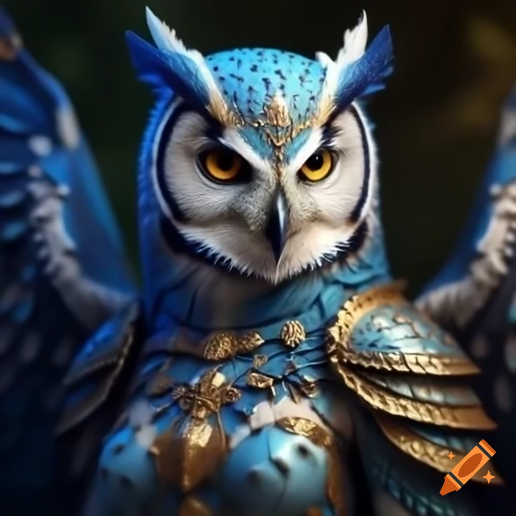 Realistic light blue and white female owl humanoid in golden armor with wings