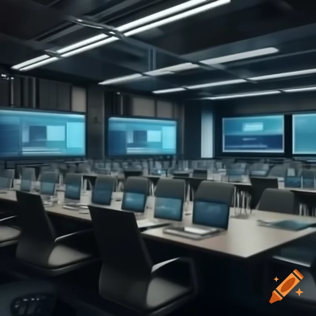 Modern tech conference room with speakers discussing AI and Blockchain