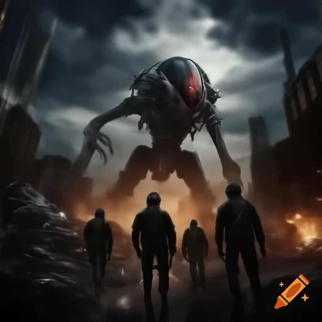 Cityscape under attack by large alien creature with military forces engaged