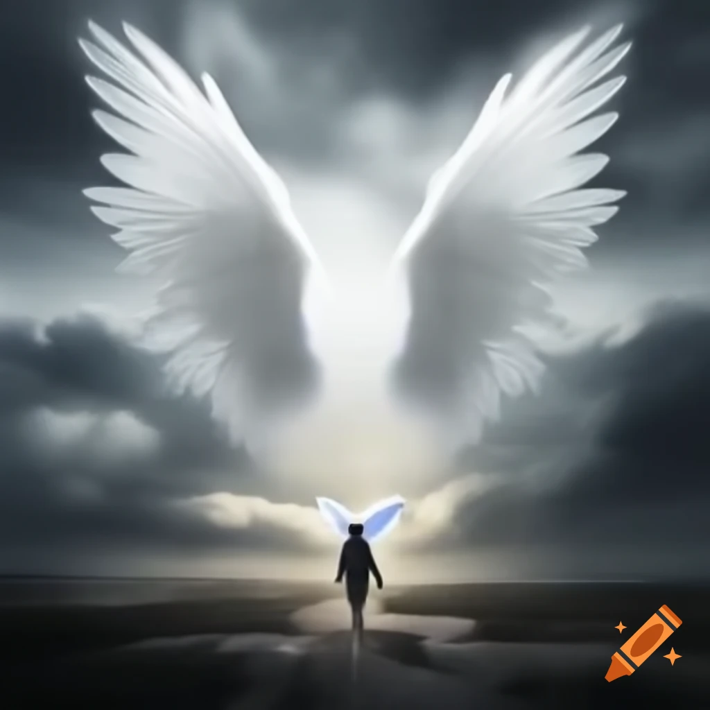 White and black angels with large wings in an 80's aesthetic theme