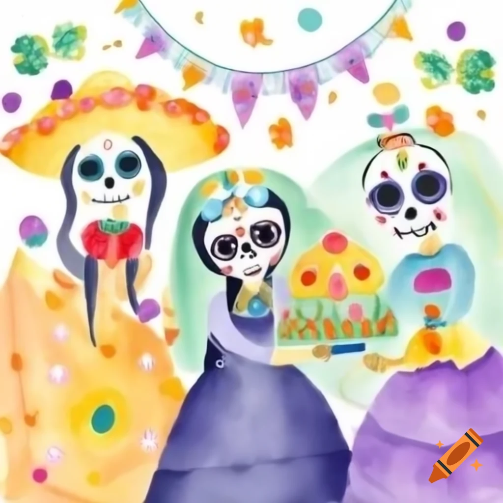 Sombre watercolor of Dia de los Muertos festival