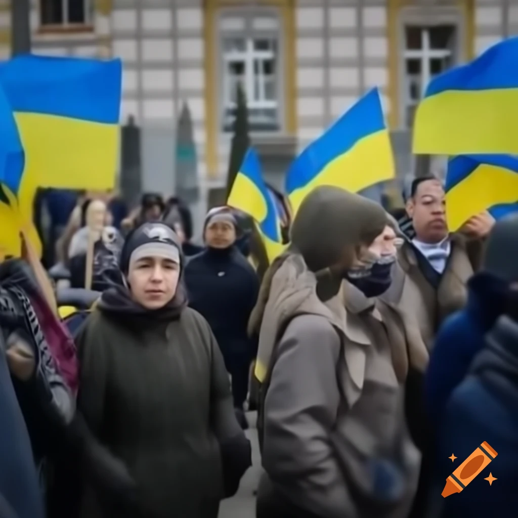 Volunteers in rescue vests and masks distributing food and blankets to Ukrainian families