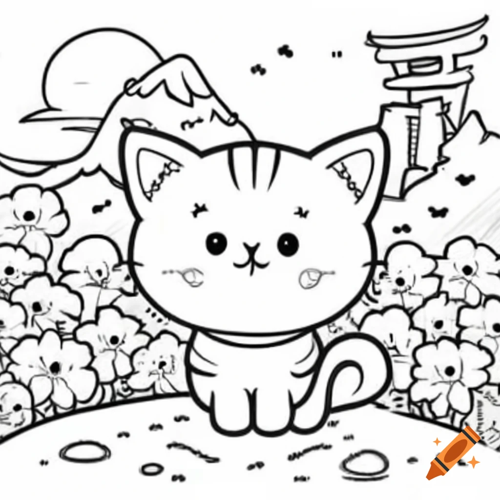 Kawaii cat coloring page themed around japan on Craiyon