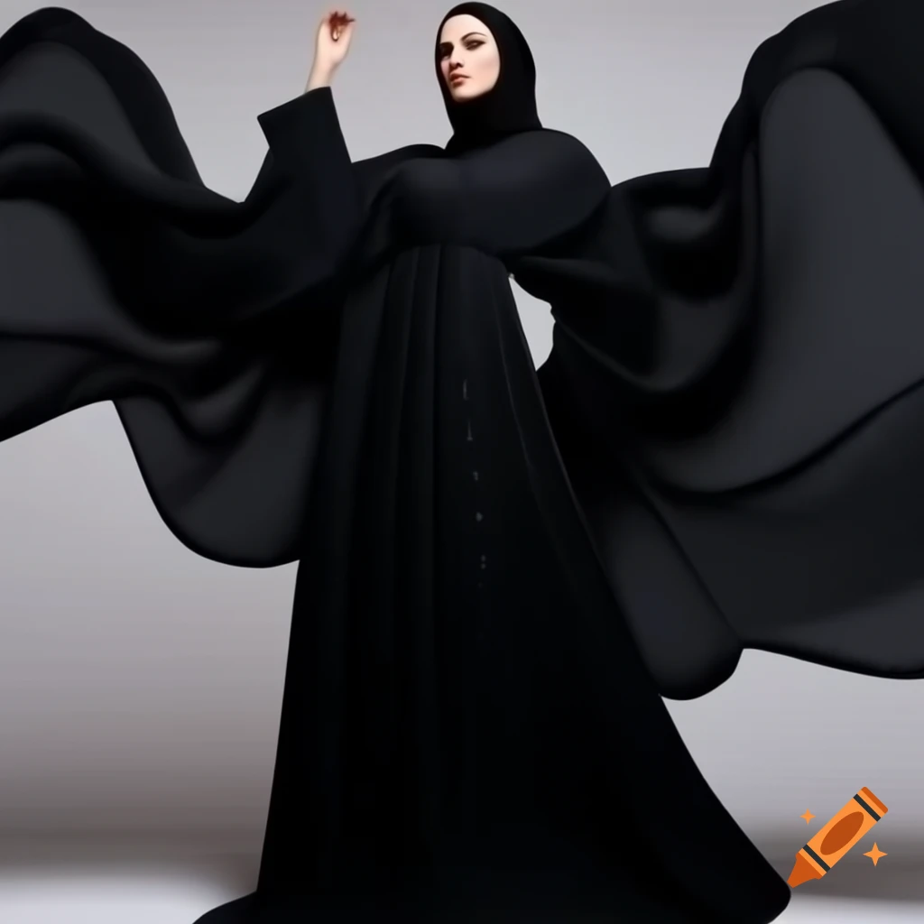 Elegant black abaya with gold embroidery and flowing fabric, modern traditional fusion design