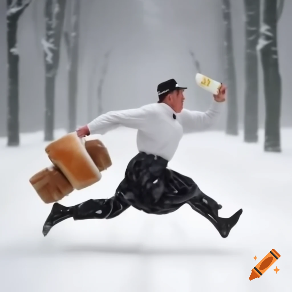 Middle-aged man running in snowstorm carrying bread and milk