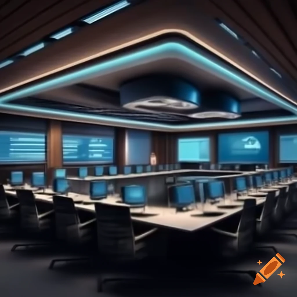 Modern tech conference room with speakers discussing AI and Blockchain