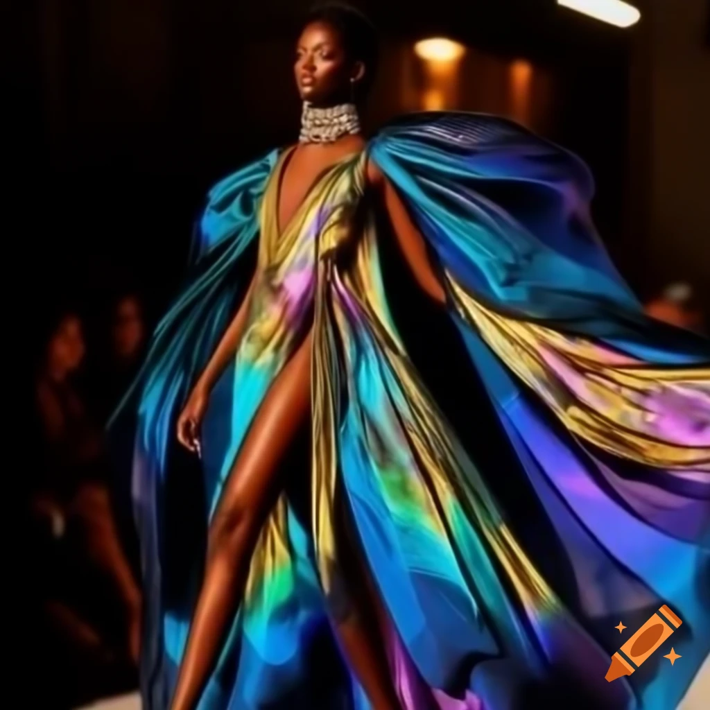 Model wearing a glowing, jewel-toned dress on the runway