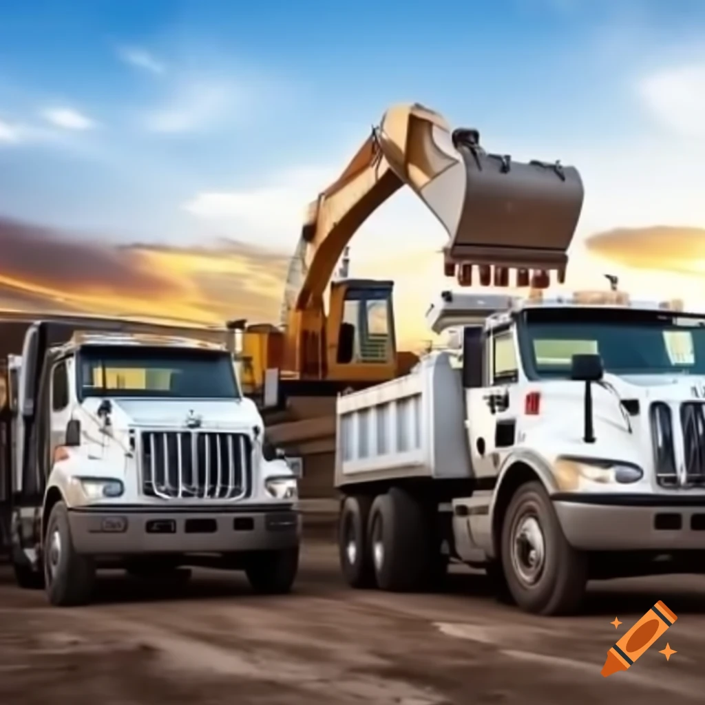 Two trucks and excavator on construction site