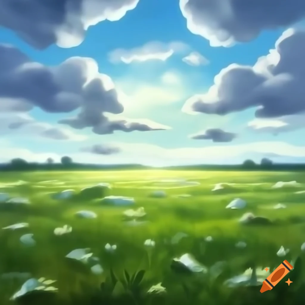 Oil painting of meadow with lake and god rays through clouds on Craiyon