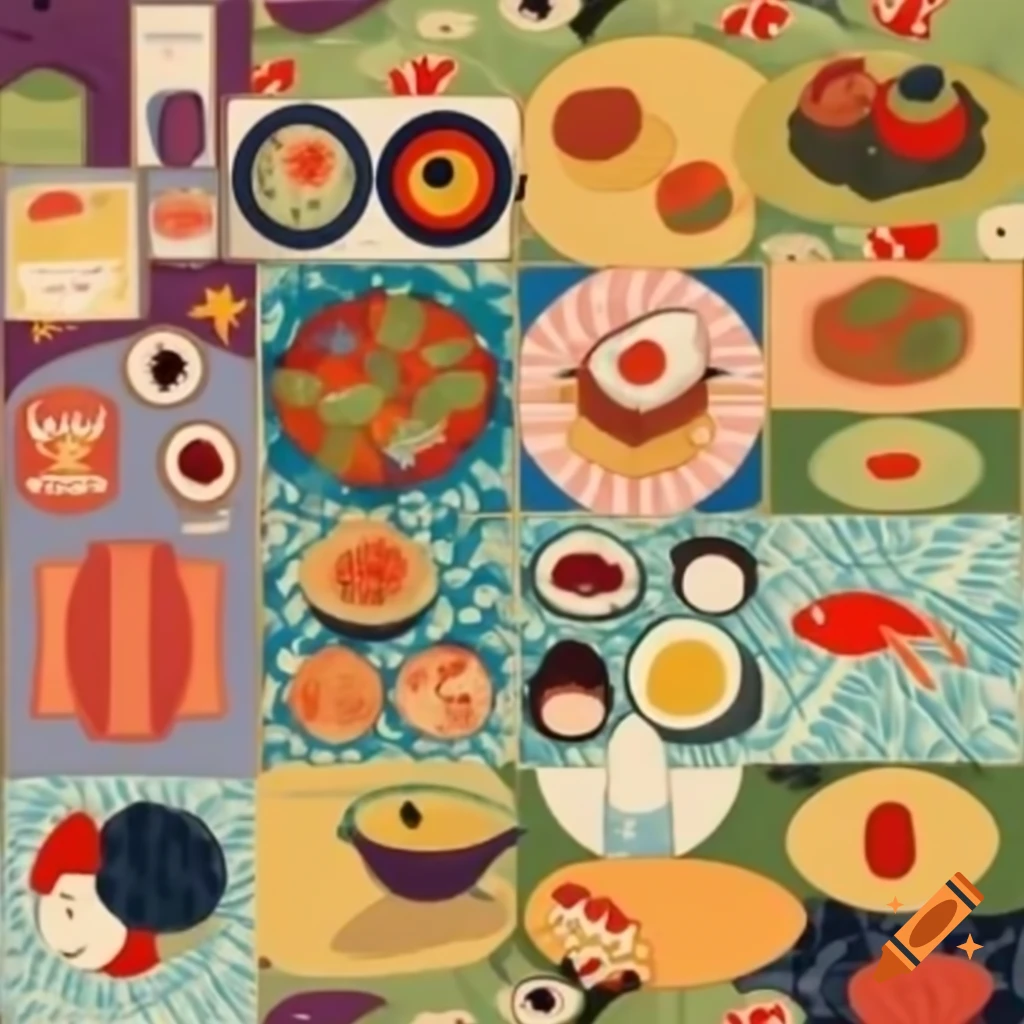 Food mosaic in ukiyo-e style