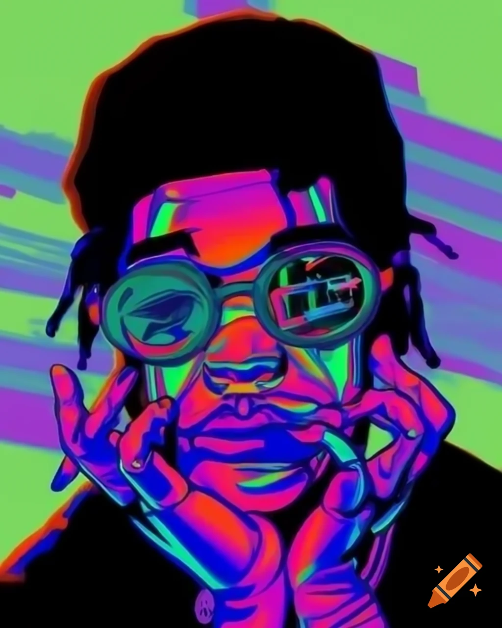 Glitchy rap-style profile picture without a face