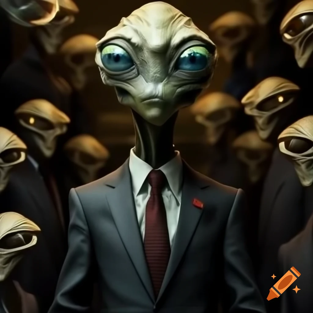 Alien in suit amidst a futuristic setting