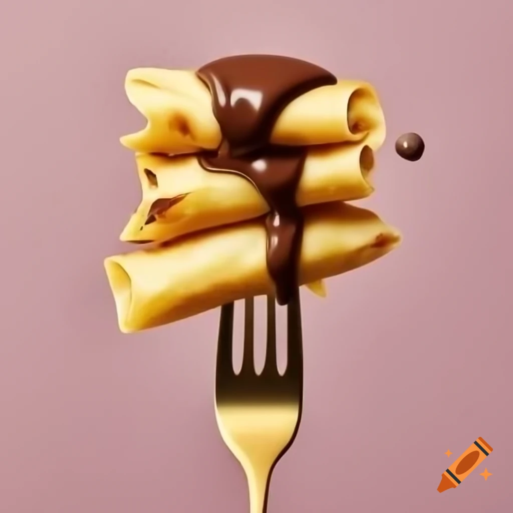 Close-up of crepe layers with chocolate spread and drizzle on gold fork