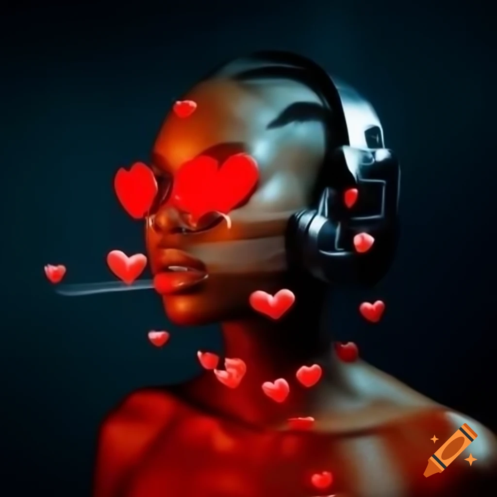 Futuristic photo studio for self-portraits with a mirror and remote, decorated with red hearts for Valentine's Day