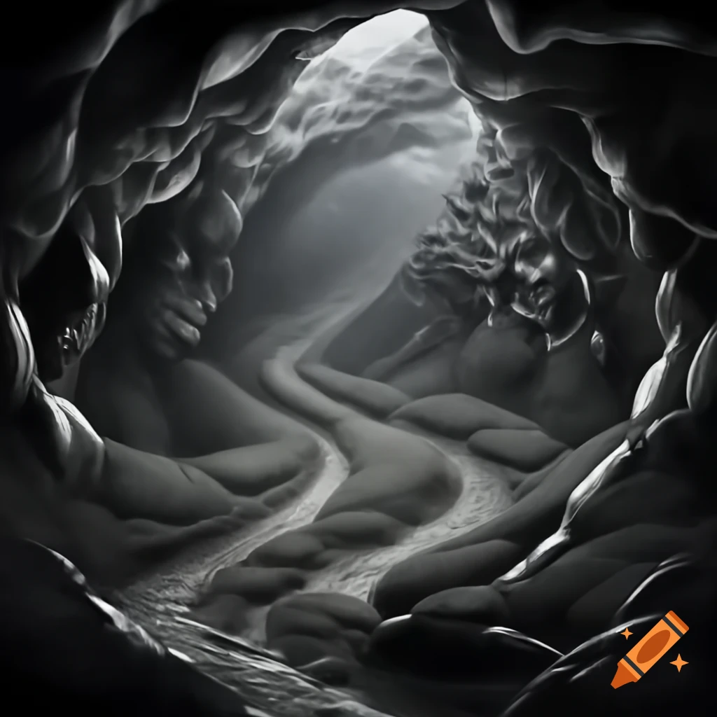 Intricate silver engraving of a dreamlike cave path