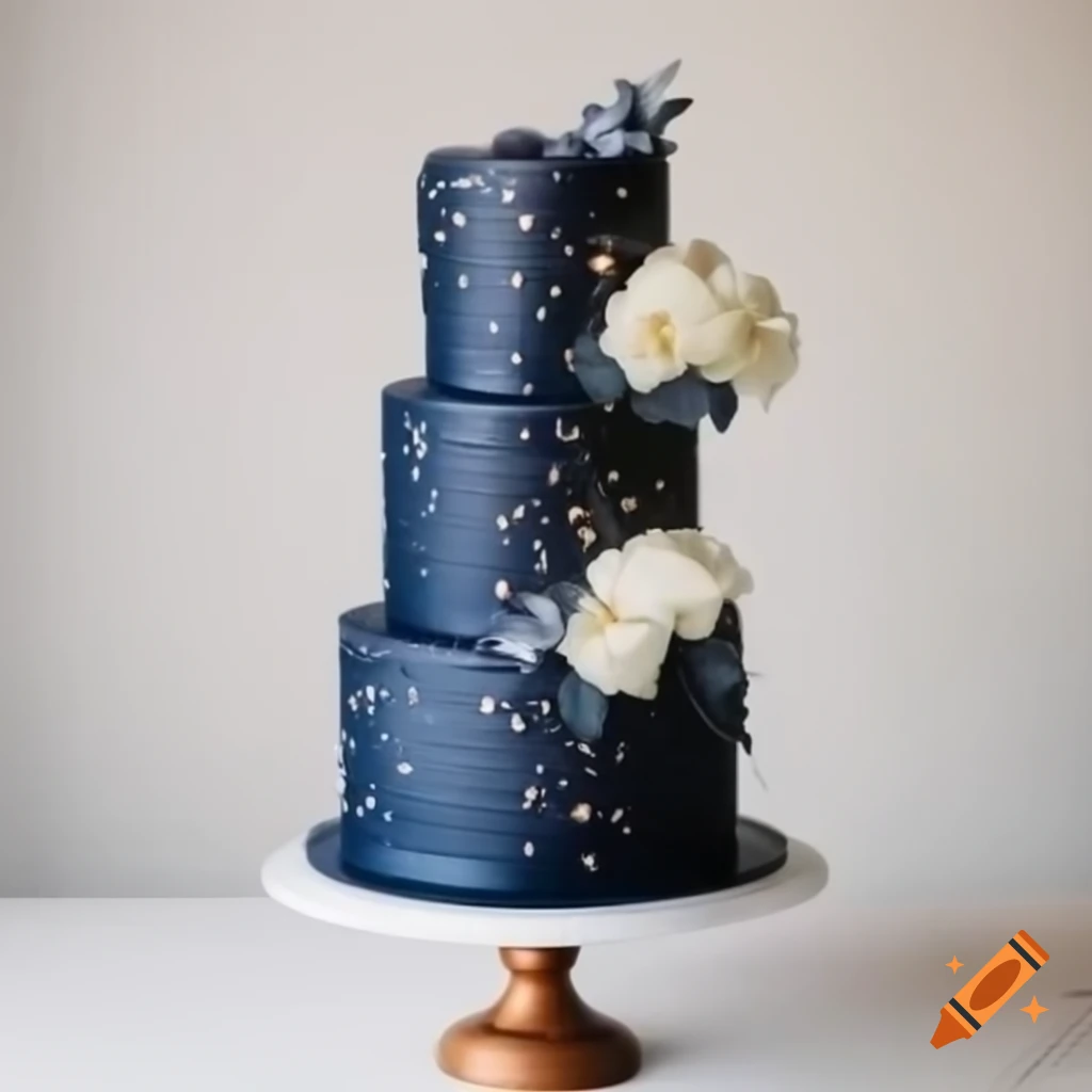 Three tiered navy blue wedding cake with rose gold speckles and white flowers