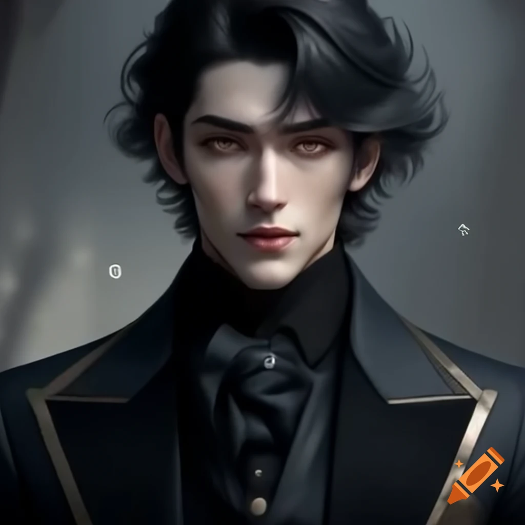 Handsome man with dark wavy hair and grey eyes on Craiyon