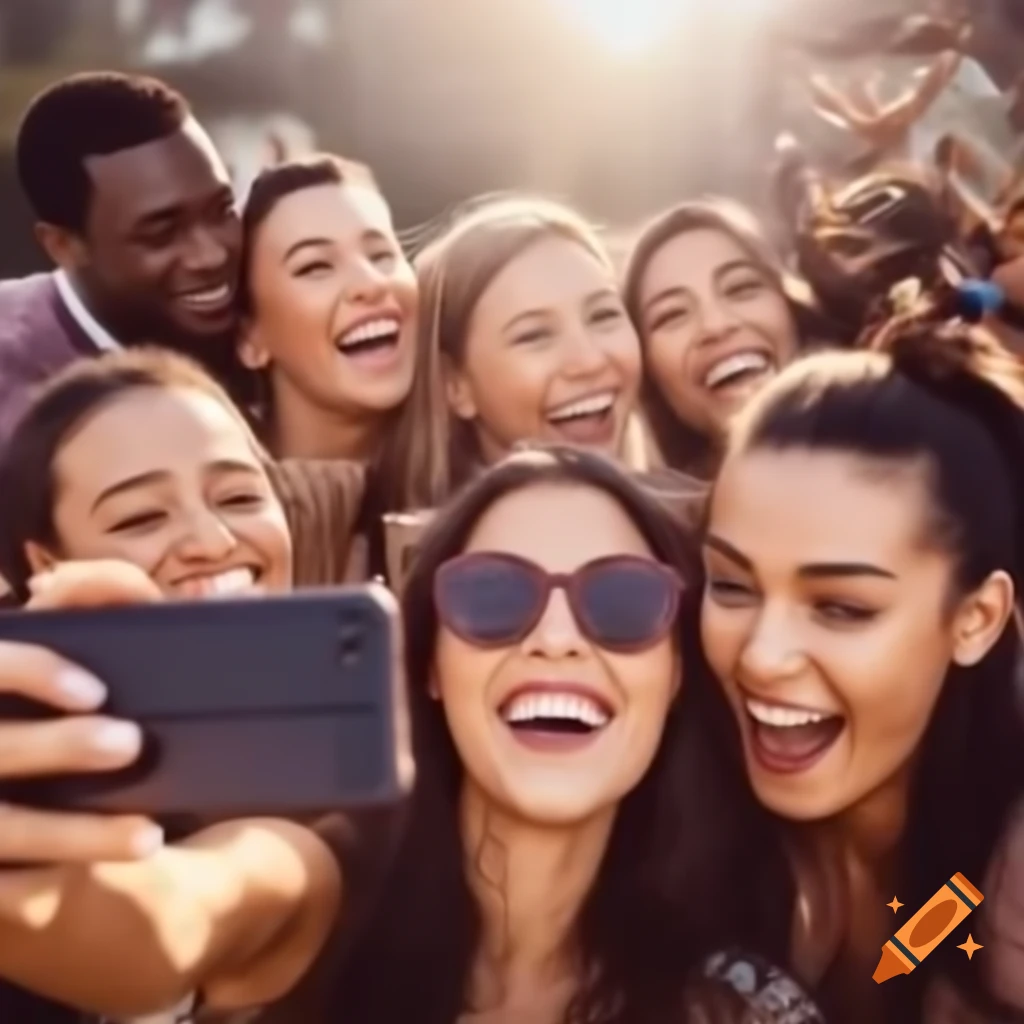 Group of friends taking a selfie at a party with a smartphone