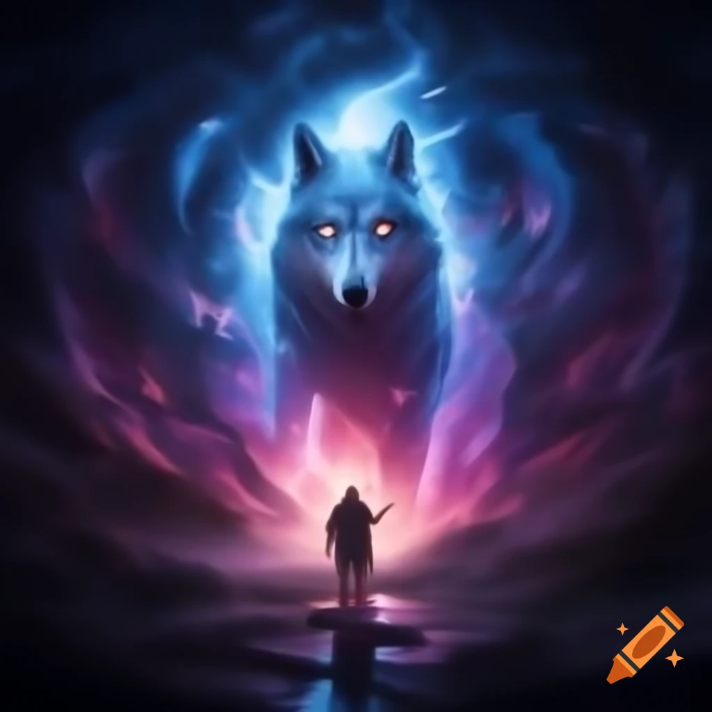 Shaman entering spirit world with magic portal and wolf spirits
