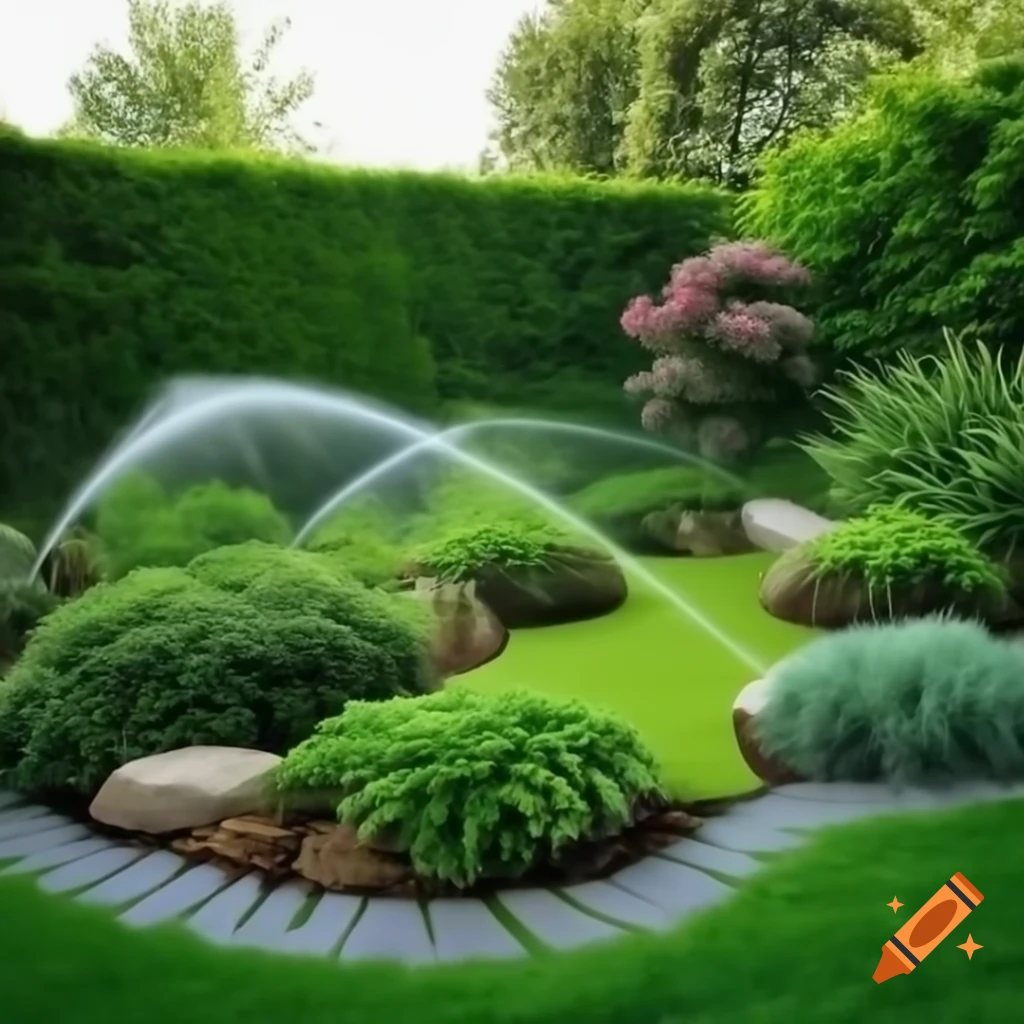 Lush garden with Hunter irrigation system watering greenery