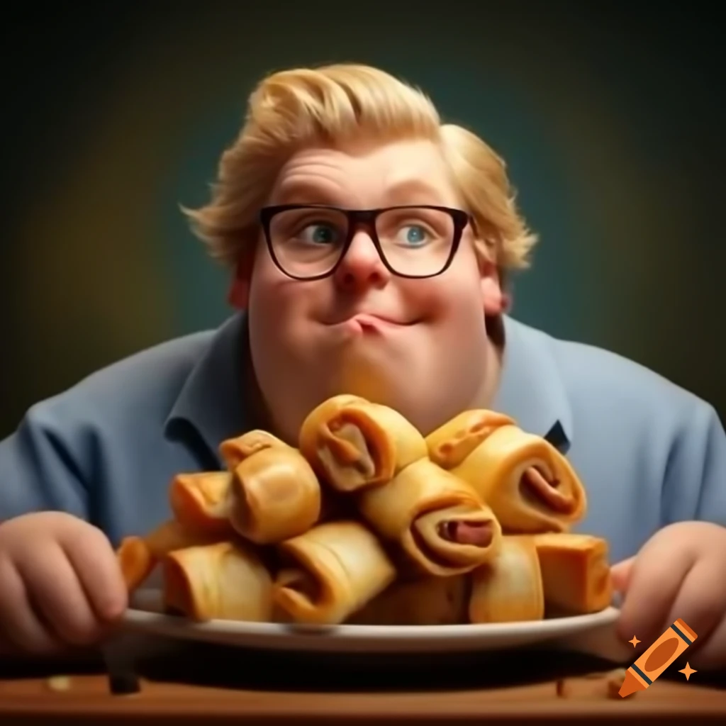 Man with glasses enjoying a large pile of spring rolls