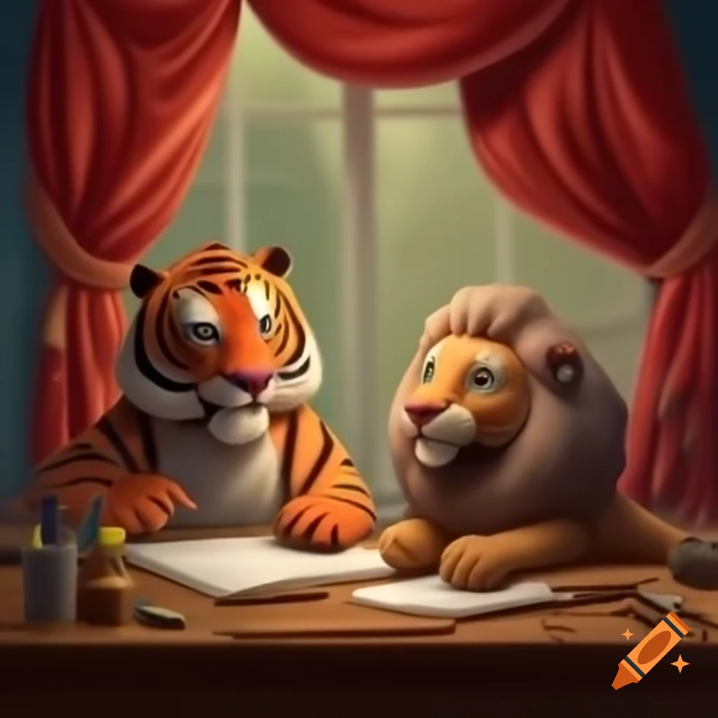 Tiger and female lion collaborating on crafting curtain rod