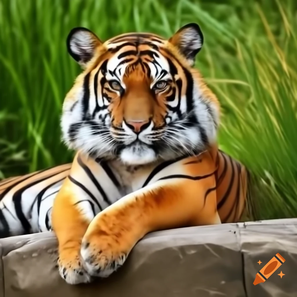 Tiger resting on rock with green grass background