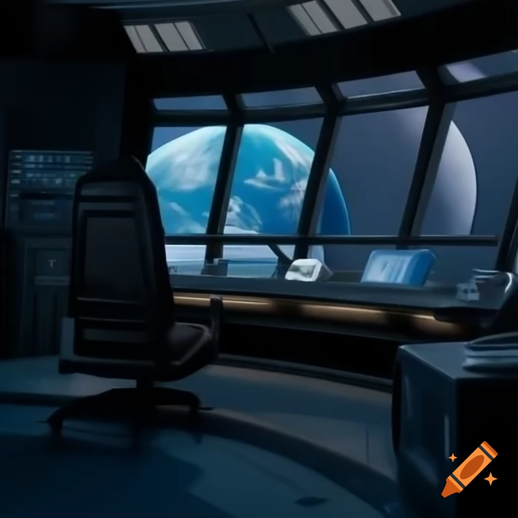 Control room in a space facility with panels and view of Earth, inspired by movie Aliens
