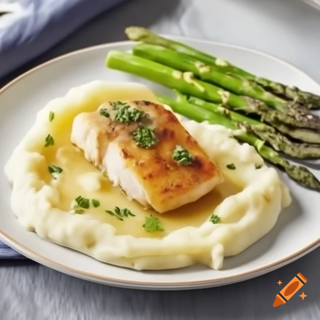 Cod, mashed potatoes, and asparagus dish on Craiyon