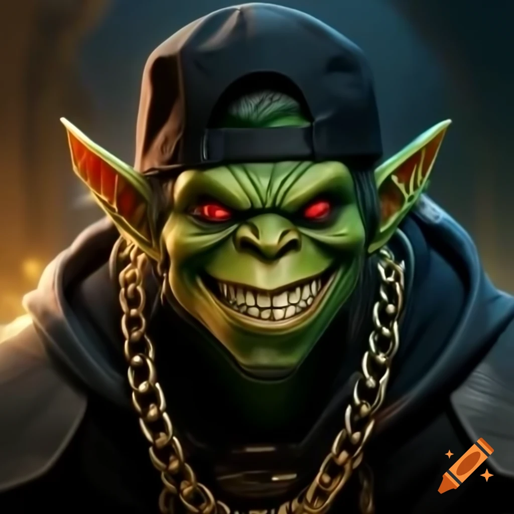 Goblin with snapback and hoodie, glowing red eyes and gold chains in a dungeon, realism style