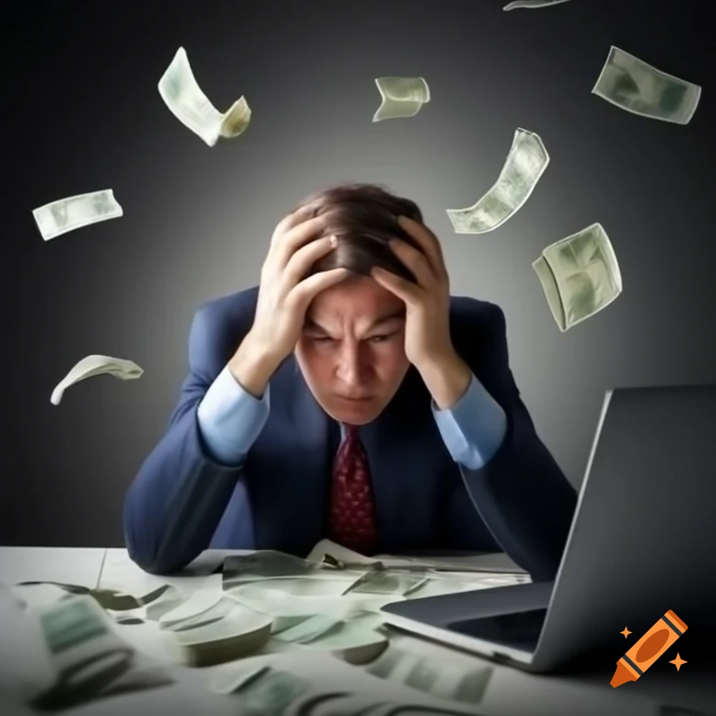 Stressed person at desk with crumpled bills and laptop
