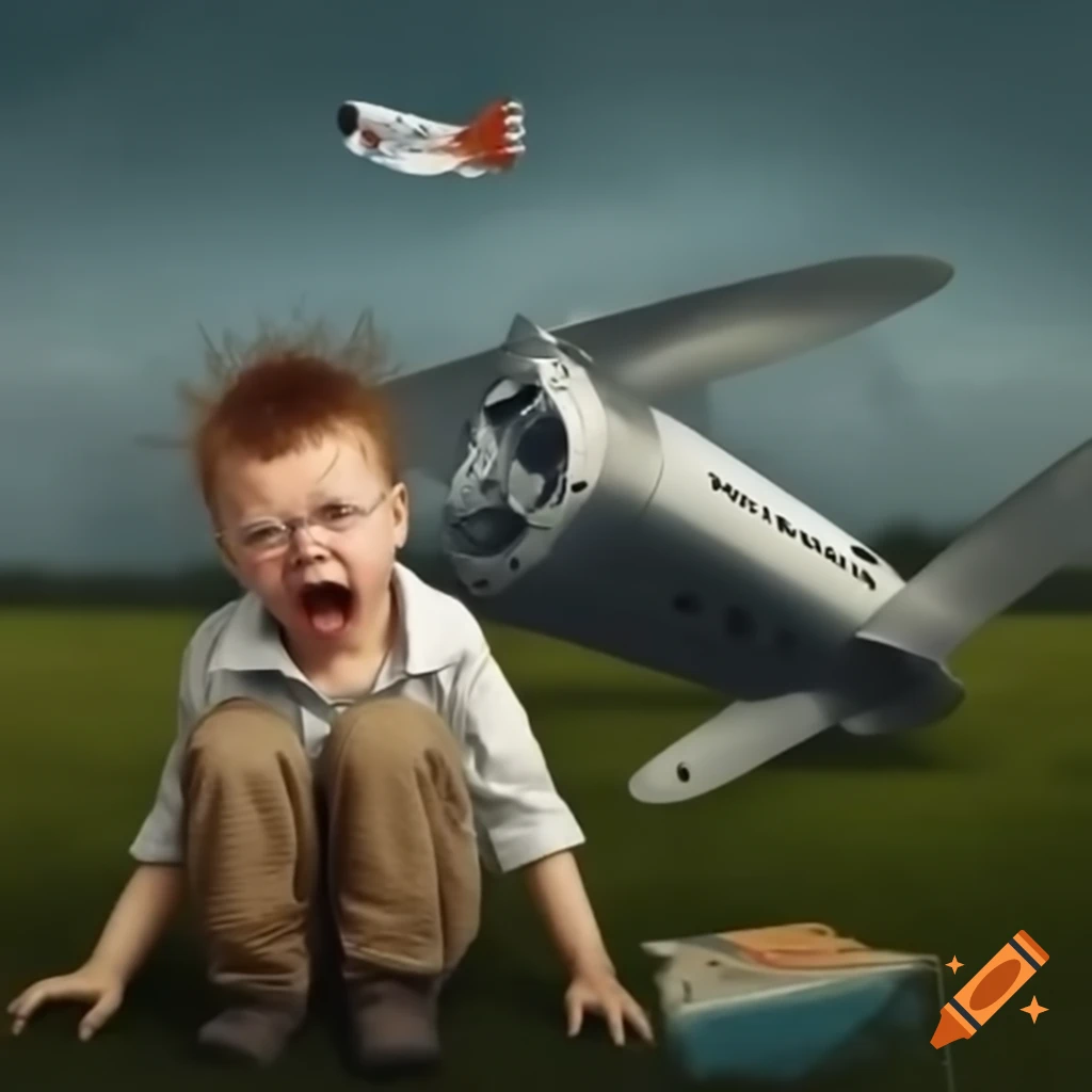 Child shocked by approaching plane, dramatic scene