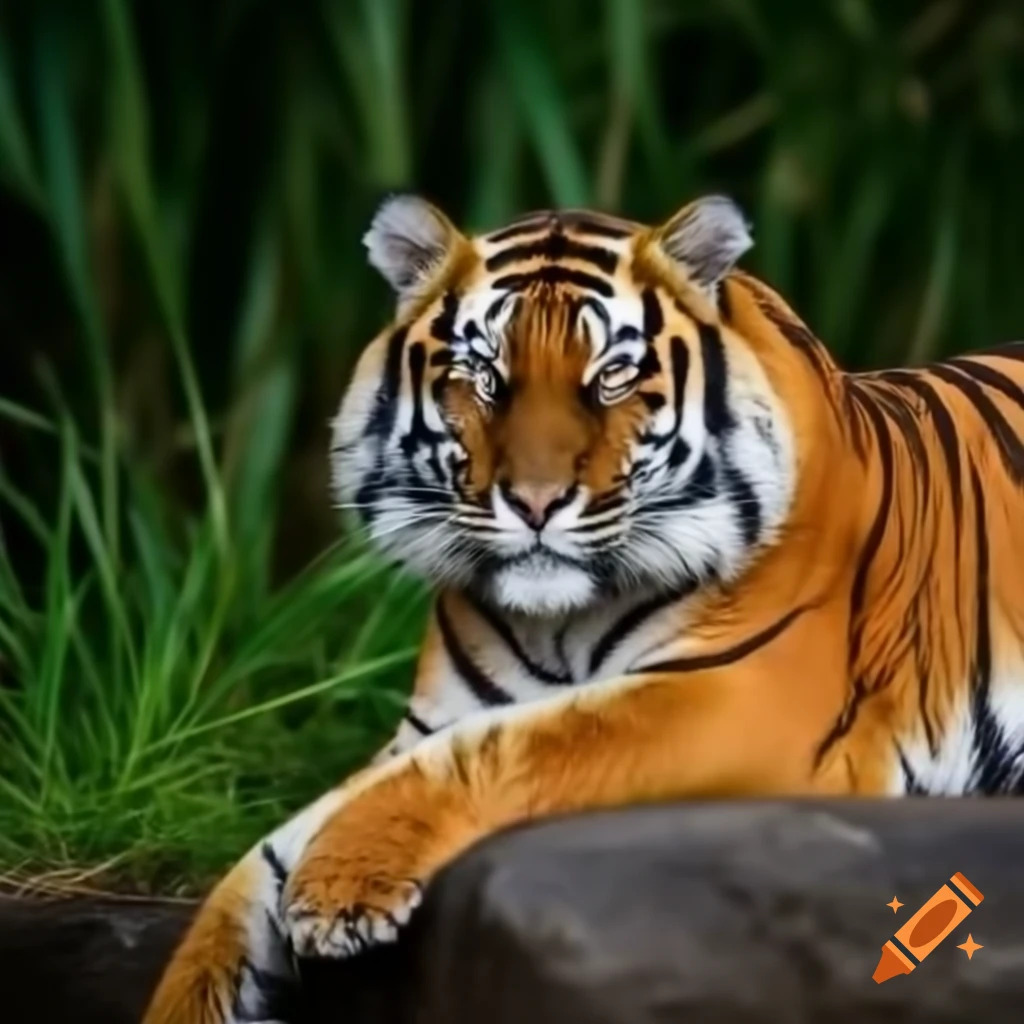 Tiger resting on rock with green grass background