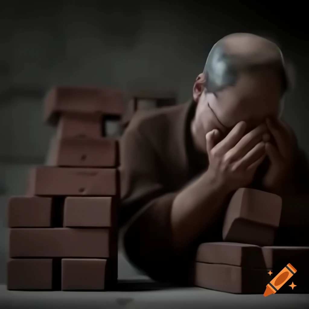 Man laying bricks and wiping sweat while working