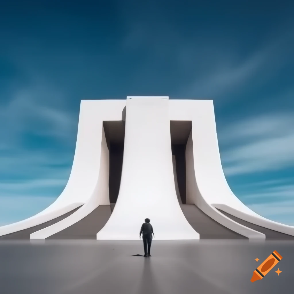 Three people walking towards a giant monument resembling a building with light colors