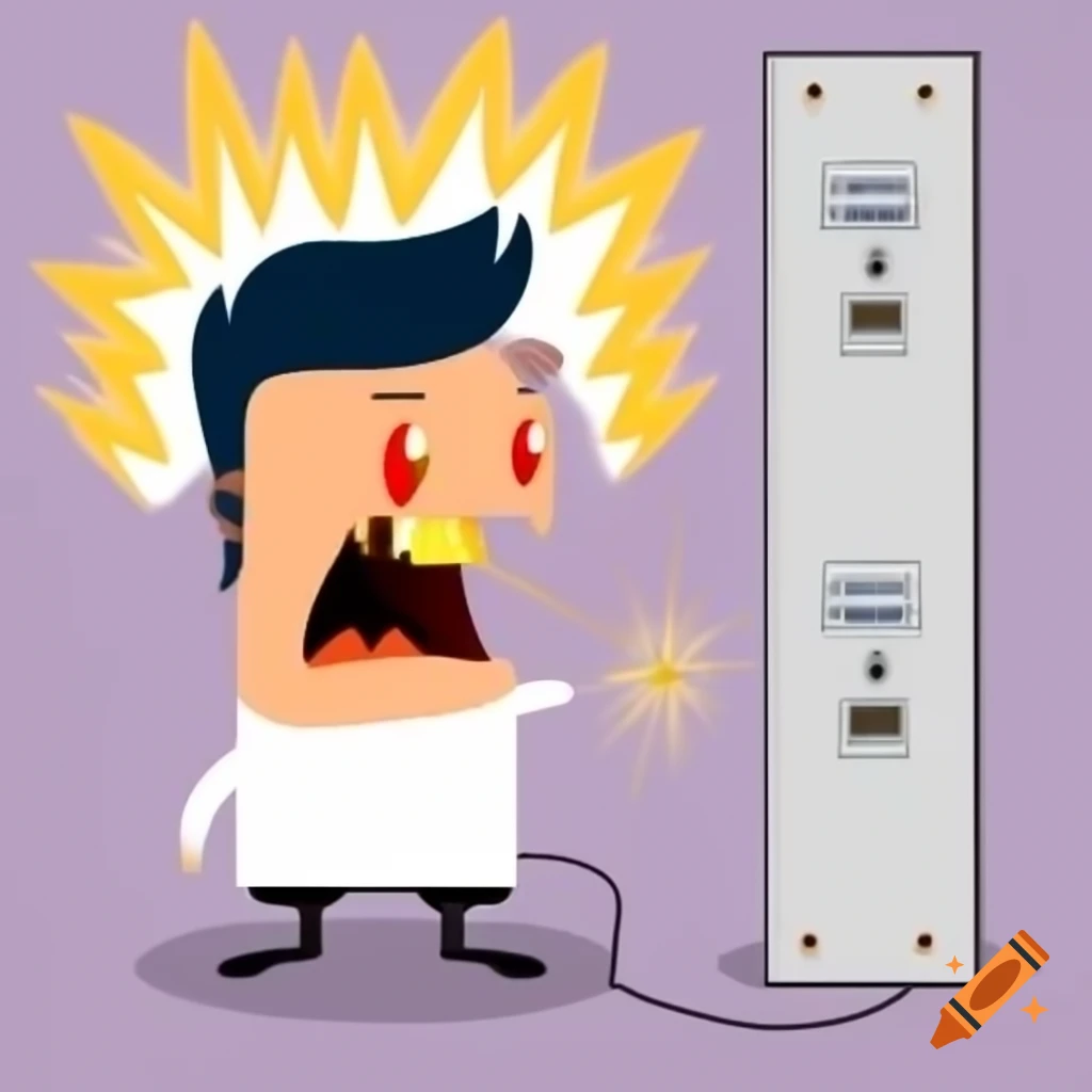 Cartoon man jolted by electricity with hair standing on end