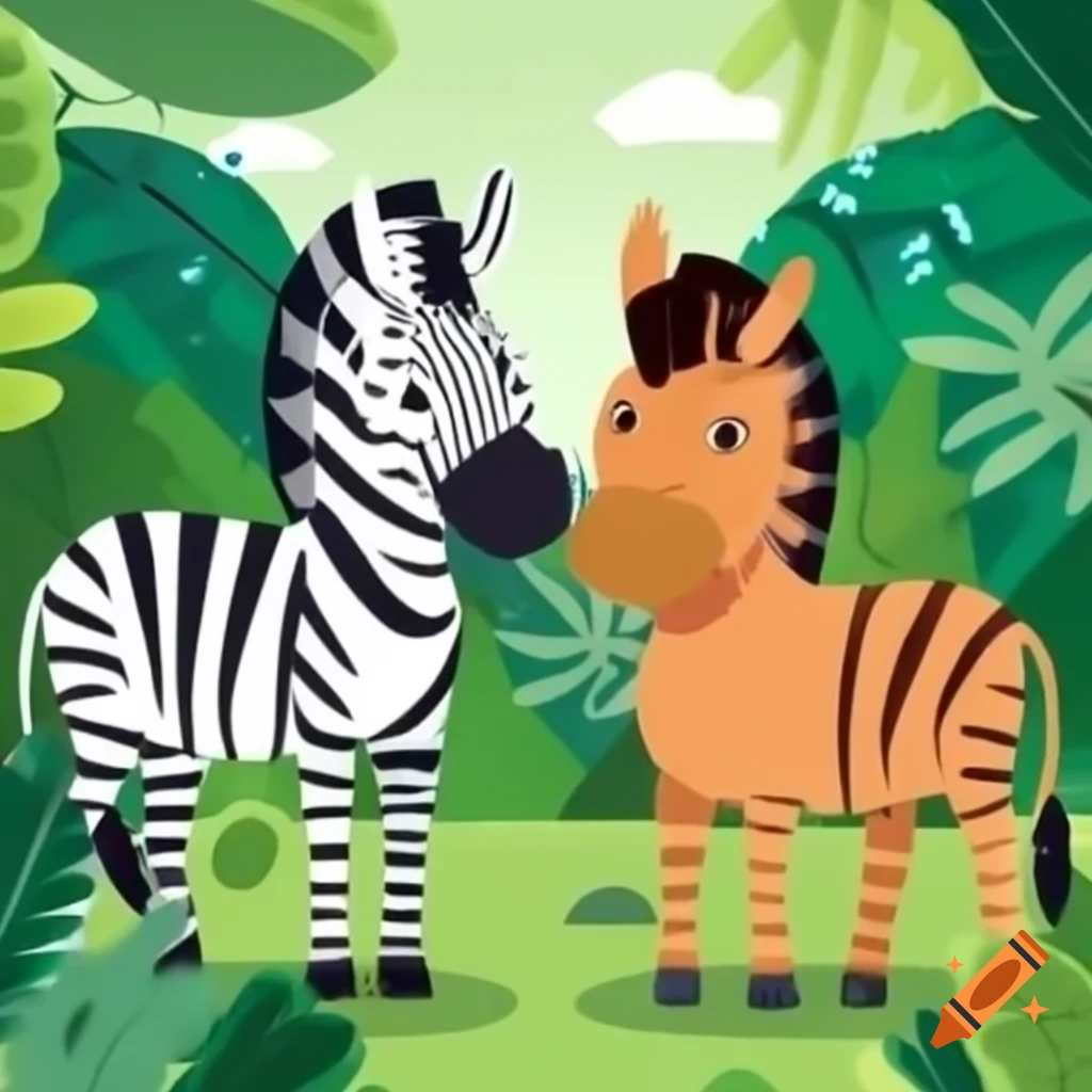 Zebra and horse hybrid in rainforest, children's book cut-out style