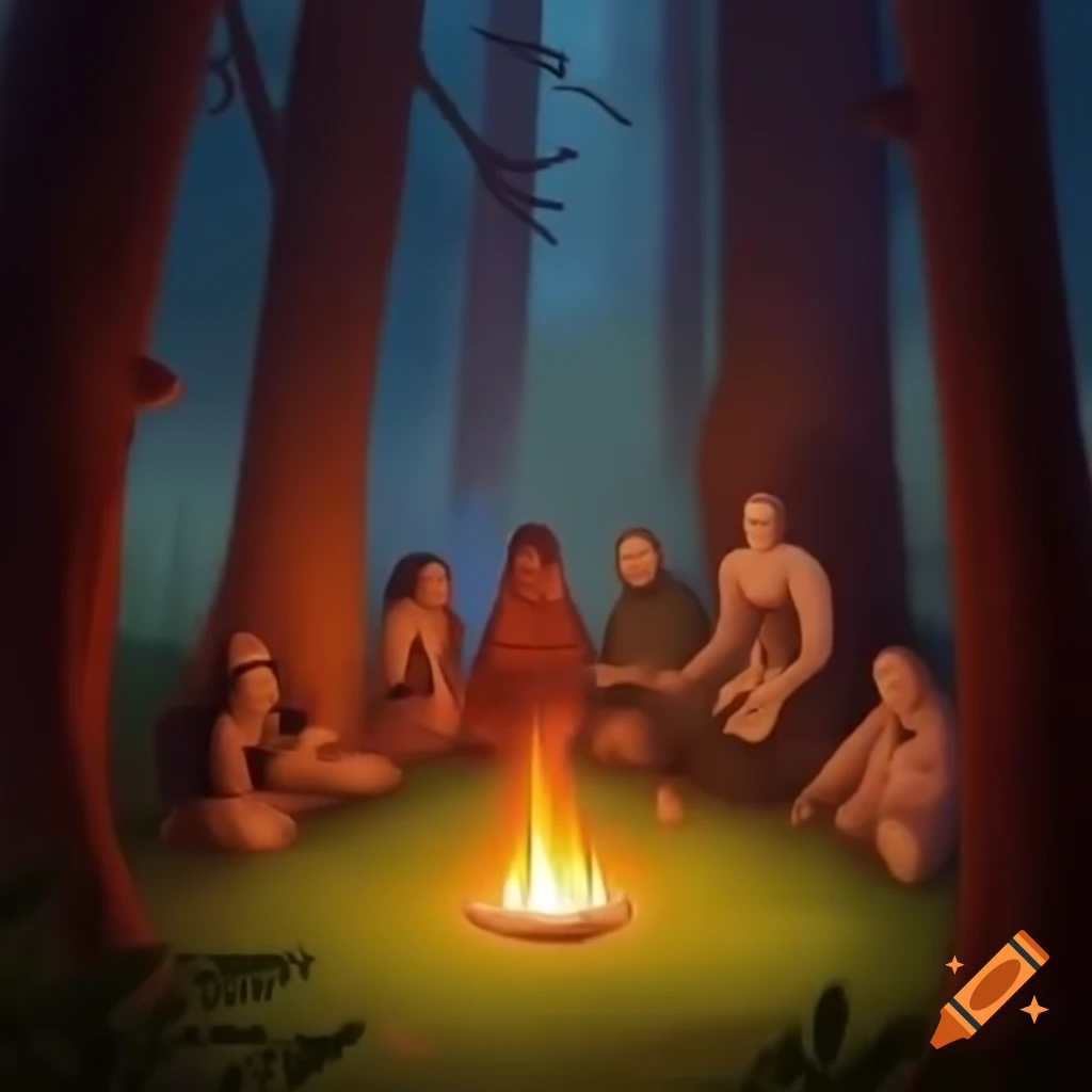 Group of people gathered around a fire in the woods