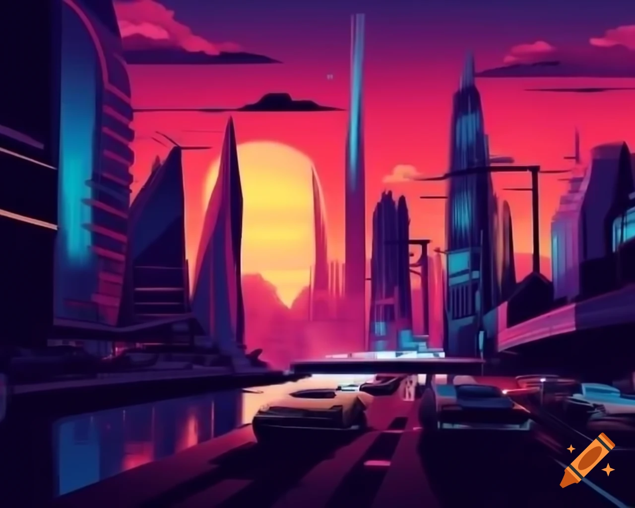 Futuristic city at sunset with neon lights and flying cars on Craiyon