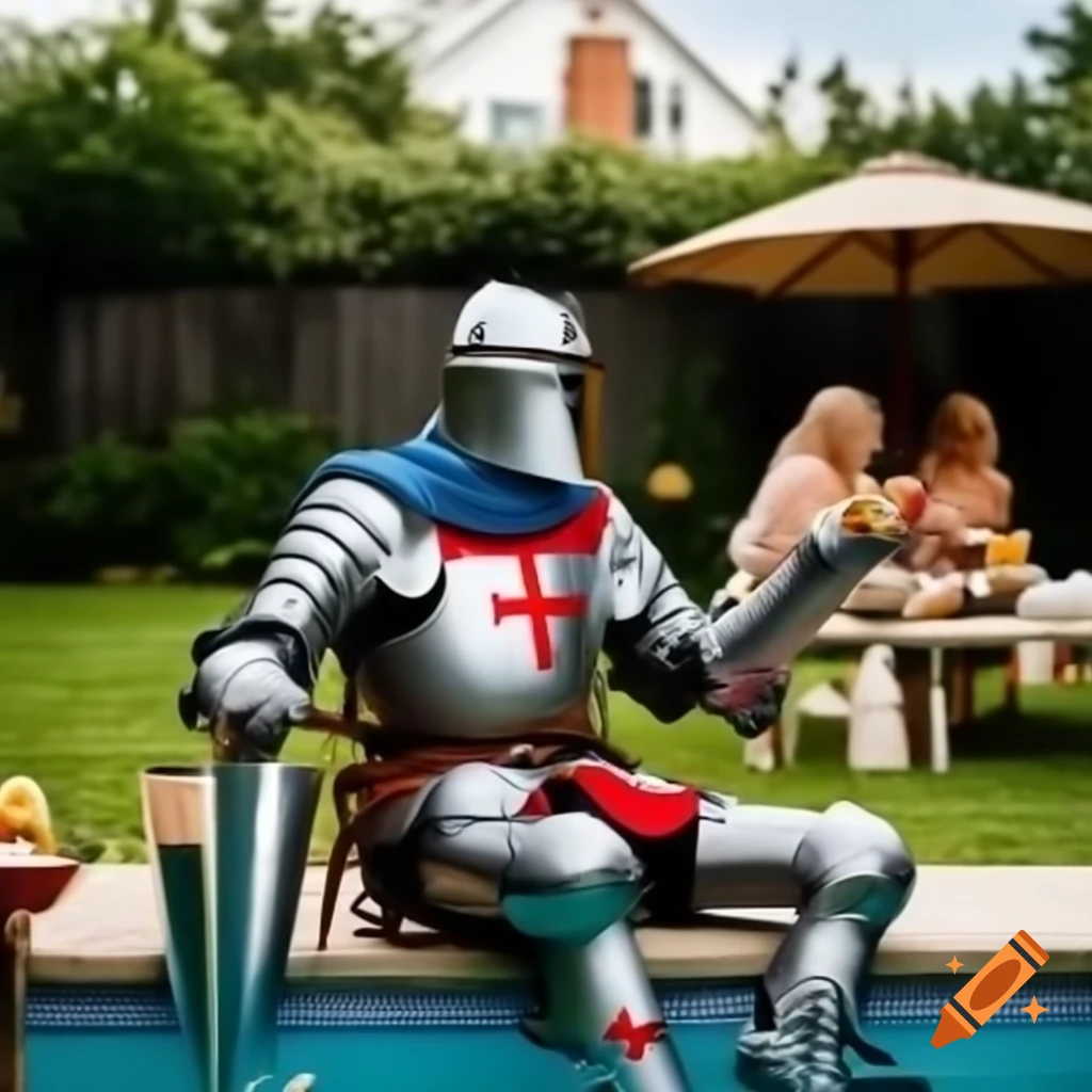 Medieval knight enjoying a pool party