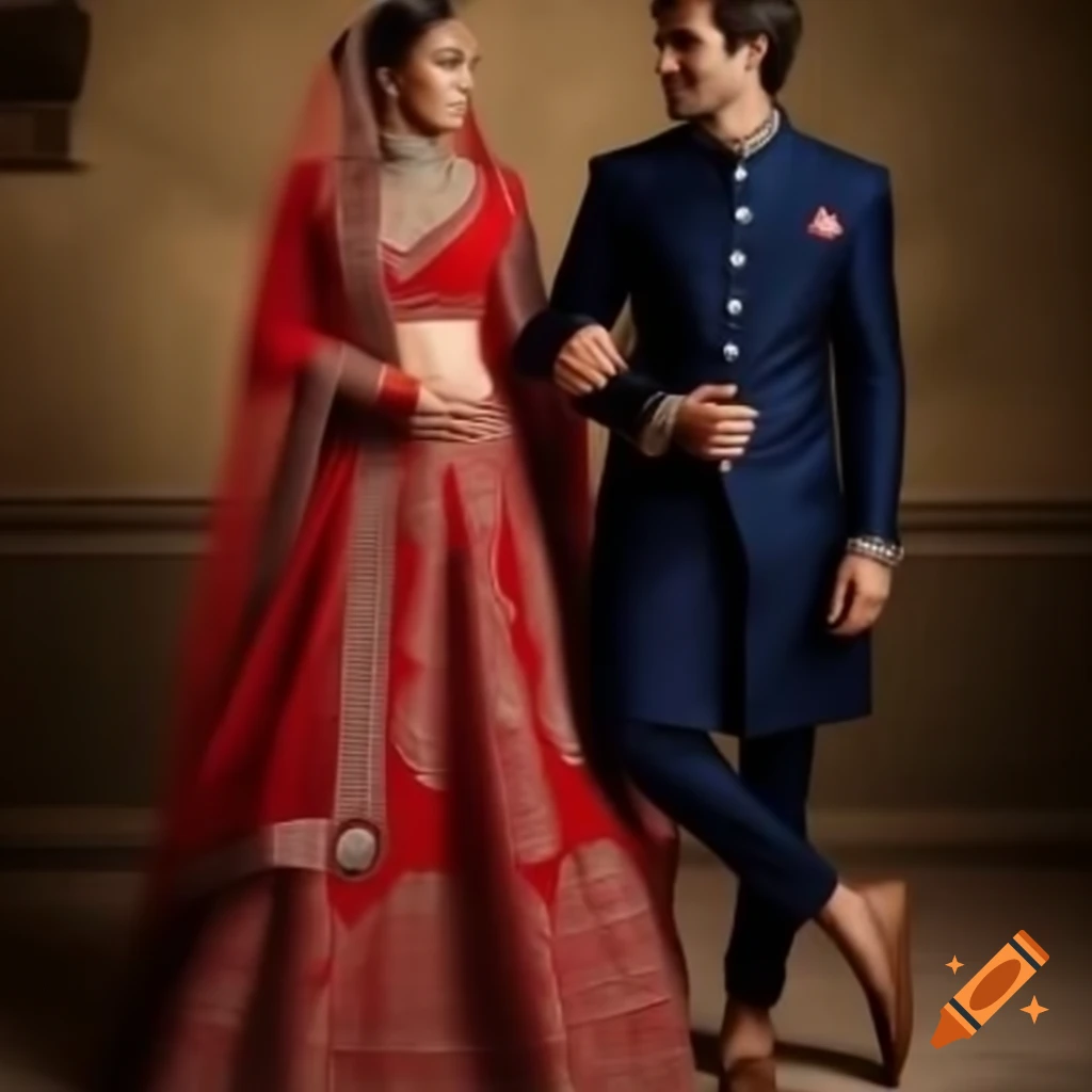 Bride in red lehnga and groom in navy blue jodhpuri suit