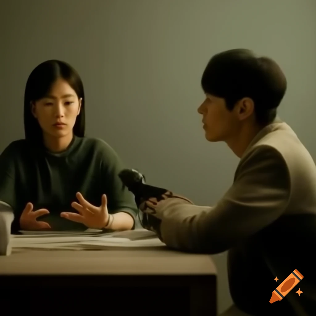 Korean interviewer and parent having serious conversation at interview table