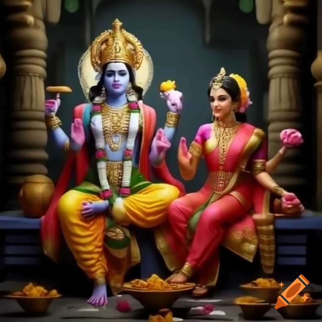 Lord Sri Vishnu and Lakshmi depicted in a religious scene on Craiyon