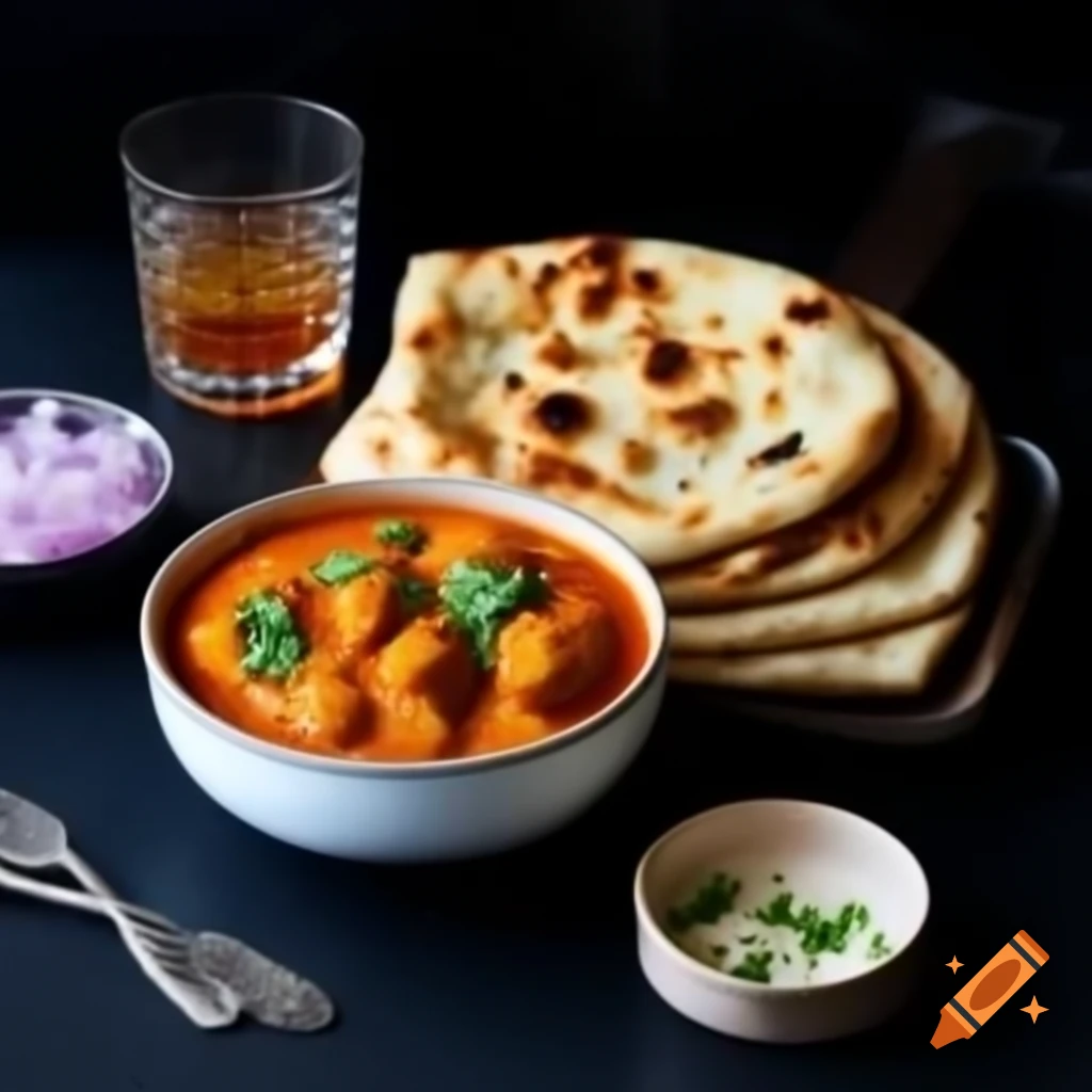 Butter naan and butter chicken masala with chicken 65 and onions against dark background