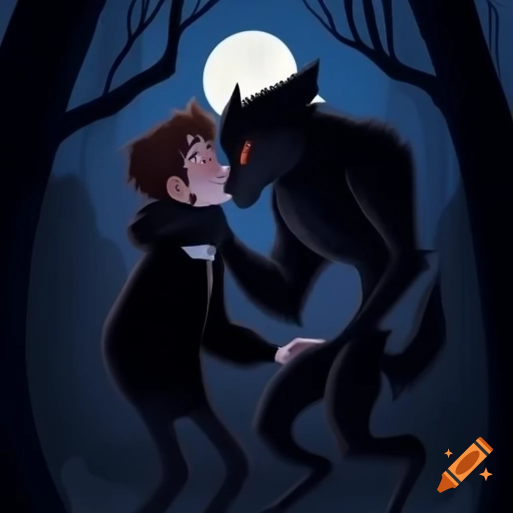 Guy in hoodie kissing muscular werewolf in dark forest under full moon