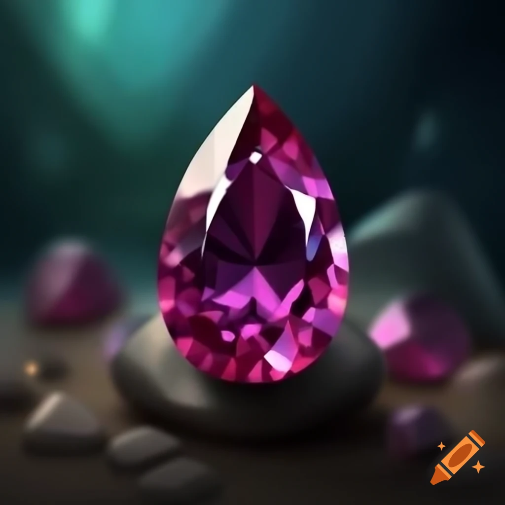 Teardrop shaped garnet gemstone surrounded by rocky ore