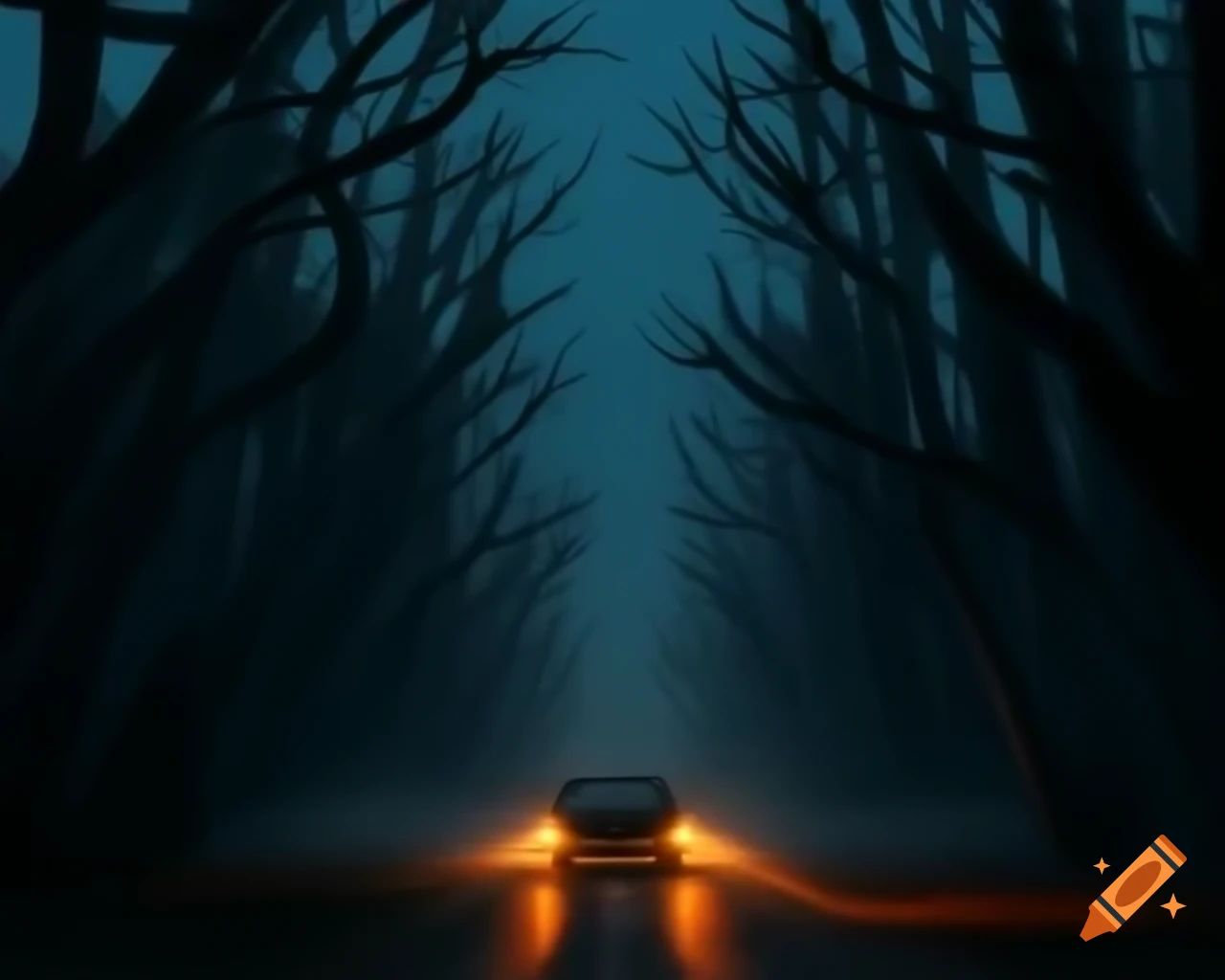 Car speeding down shadowy forest road at dusk with fog