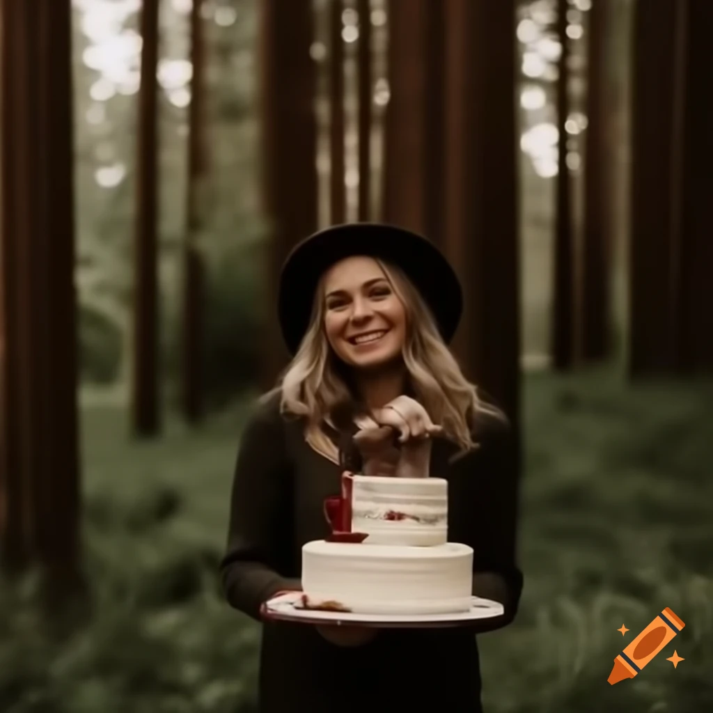 Couple in the woods dreaming about their wedding cake
